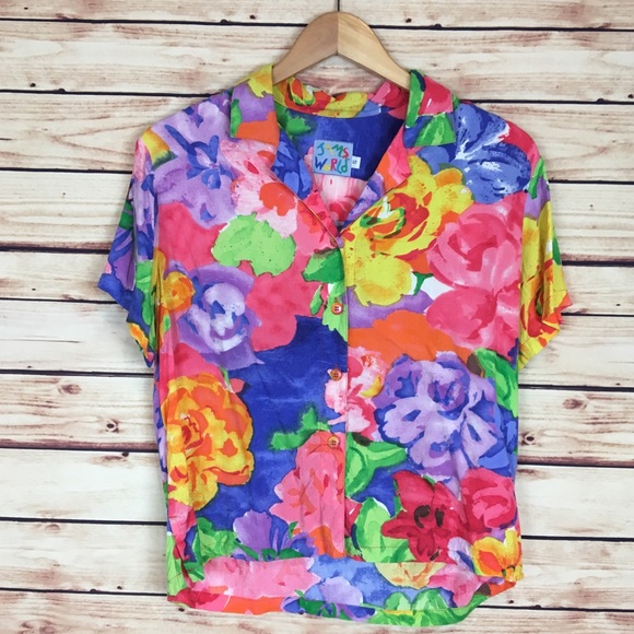 Jams World Tops - Jams World Floral Short Sleeve Button Down Shirt S